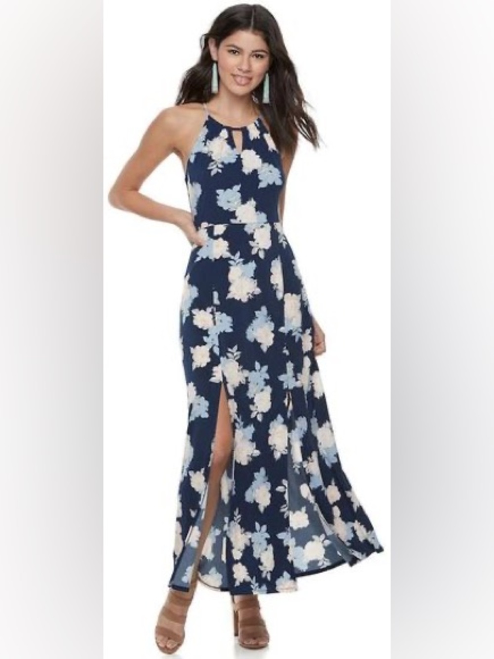 Candie's Navy Floral Halter Dress with Cream Accents